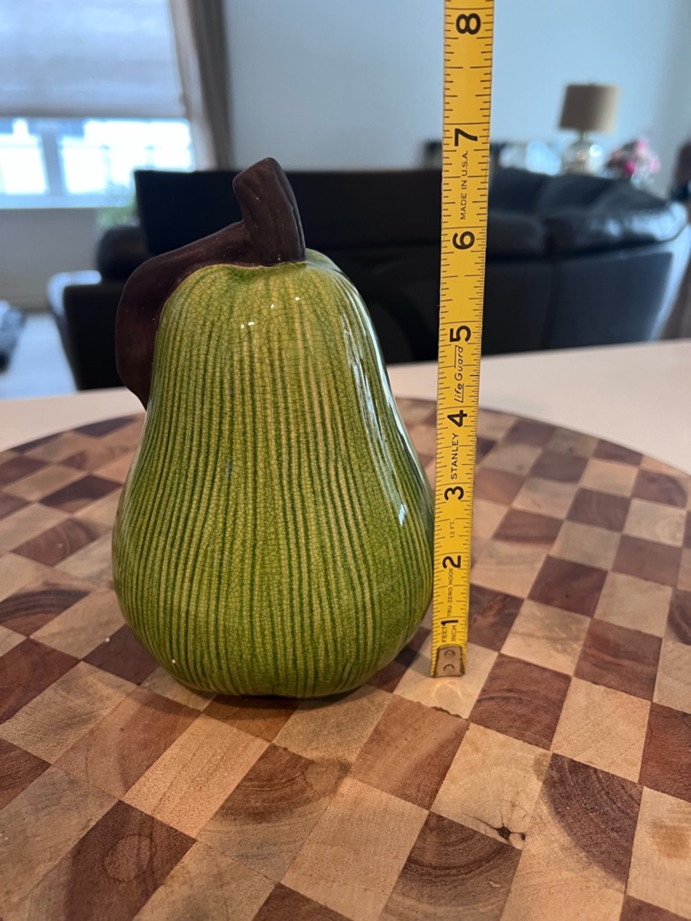 Ceramic Green Pear Figurine with Brown Stem